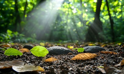 Fototapeta premium Tranquil Forest Meditation, a serene individual immersed in mindfulness amidst lush greenery, soft sunlight filtering through leaves, peaceful surroundings.