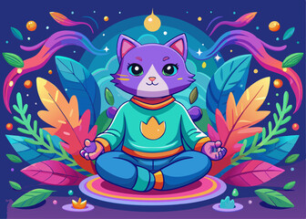 Cute Cartoon Cat – Rainbow Sweater, Yoga Pose, Meditative Character Design