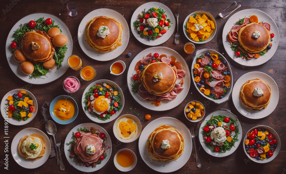 Poster table with many plates of food, including pancakes, eggs, and fruit. there are also several bowls an