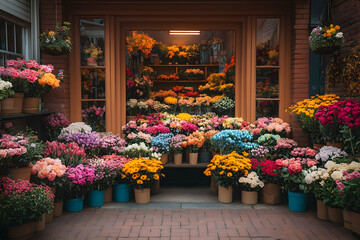 Fototapeta premium Vibrant floral display at a charming flower shop storefront, showcasing a colorful array of roses, chrysanthemums, and other blooms in pots, creating