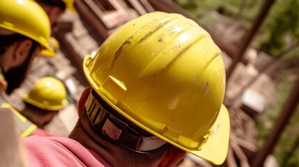 Close up of a Worker Wearing a Dirty Yellow Hard Hat on a Construction Site