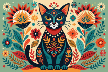 Folk Art Cat – Floral Patterns, Vibrant Colors, Decorative Design