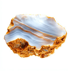 Fototapeta premium Beautiful agate stone with blue and orange hues, white isolated background.