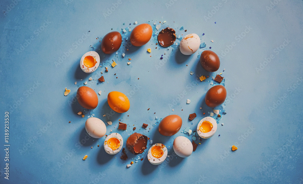Poster Blue background with a circle of eggs and eggshells. There are many eggs in the circle, some of which are broken