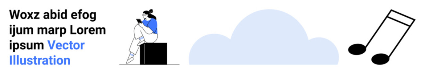 Woman reading a book while seated on a black platform, abstract blue cloud, and large floating musical notes. Ideal for reading, relaxation, creativity, music, imagination, abstract concepts