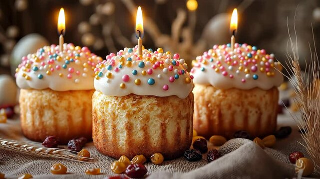 Easter Cupcakes with Colorful Sprinkles and Candles on Rustic Background for Spring Celebrations