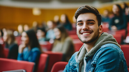 Naklejka premium A smiling male student sitting in a university classroom.