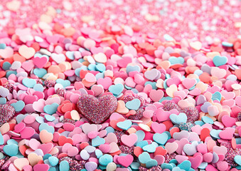 Obraz premium Glitter heart confetti in pink, blue, and pastel tones creating vibrant, joyful backdrop