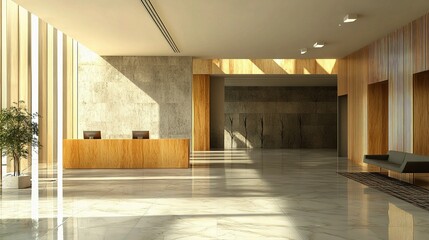 Sunlit Modern Lobby:  A contemporary lobby with sleek, minimalist design. Natural light floods in through large windows, illuminating the polished marble floors, wooden accents.