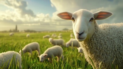 Fototapeta premium A serene countryside scene showcasing a close-up of a ewe looking at the camera with lambs grazing in a lush green field under a bright sky, evoking peace and rural charm.