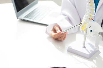 Asian female doctor uses spinal model to demonstrate anatomy Diagnose conditions such as...