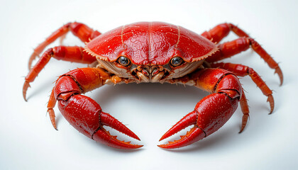 Red Crab with Big Claws on White Background – Marine Wildlife, Coastal Inspiration, Minimalist Photography