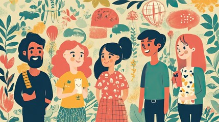 Fototapeta na wymiar Happy diverse group of young adults smiling and interacting amidst a vibrant floral background.