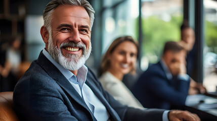 Smiling mature businessman seated with colleagues in an office
