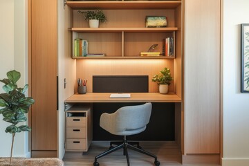 A compact office nook with custom cabinetry, a floating desk, and clever storage solutions