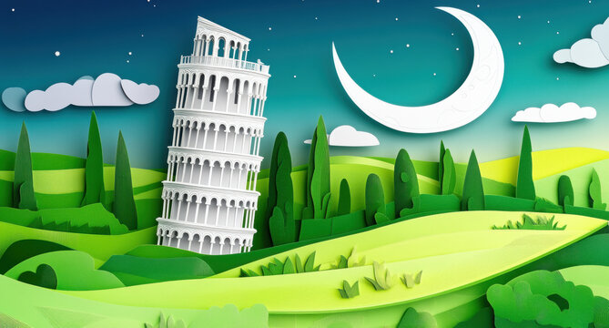 whimsical paper art depiction of Leaning Tower of Pisa against vibrant night sky, featuring rolling green hills and crescent moon