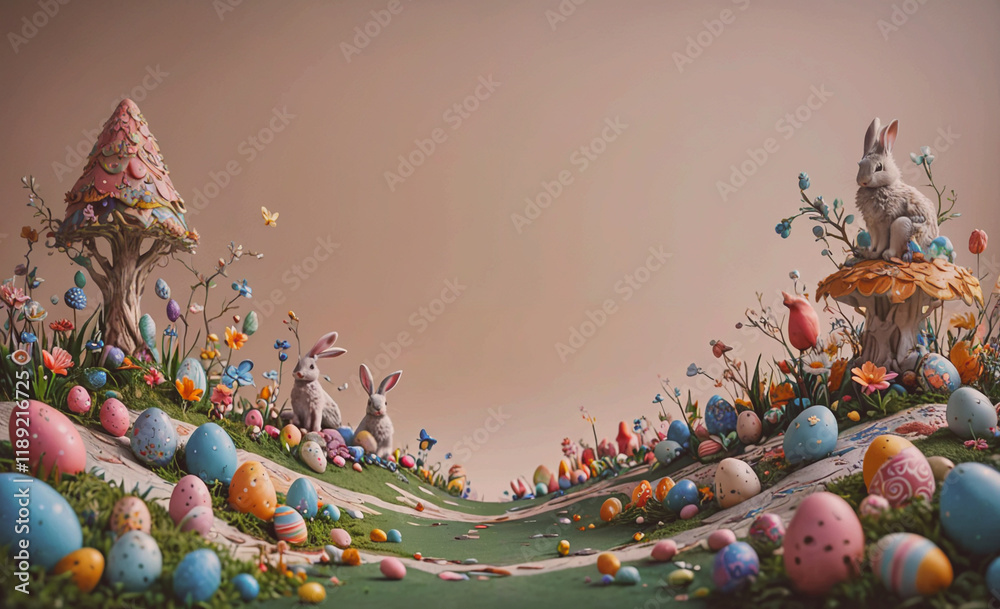 Poster Field of Easter eggs with a path through it. There are three rabbits in the field. One is sitting on a mushroom, another is standing, and the third is sitting on a tree