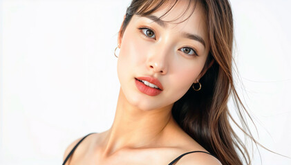 Naklejka premium Close up portrait of young Asian woman with long brown hair and subtle makeup directly camera against white background