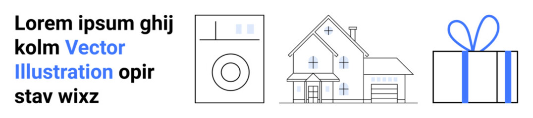 Washing machine, modern house, and gift box illustrating household items and home lifestyle. Ideal for real estate, home appliances, interior design, gifts, family life, marketing and consumer