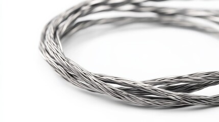 close up of a steel wire cable coiled on white
