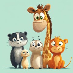 Naklejka premium Adorable Cartoon Animals Grouped Together Smiling