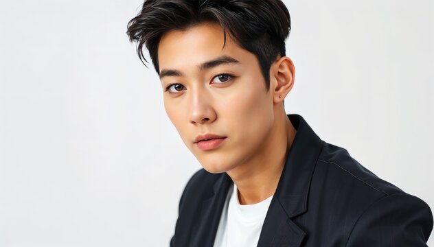 Portrait of young Asian Korean man with dark hair wearing black blazer and white shirt looks directly camera with serious expression