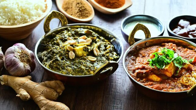 Composition with indian dishes: madras paneer, palak paneer and shahi paneer with basmati rice served in original indian karahi pots
