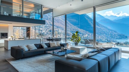 Fototapeta premium Modern Mountain View Living Room: Panoramic Windows, Minimalist Design