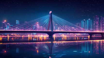 Naklejka premium Futuristic cable stay bridge at night over cityscape. Nightstone. Illustration