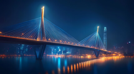 Obraz premium Futuristic cable stay bridge at night over cityscape. Nightstone. Illustration