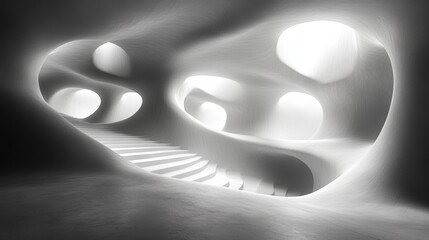 A large, empty room with a staircase leading up to a higher level
