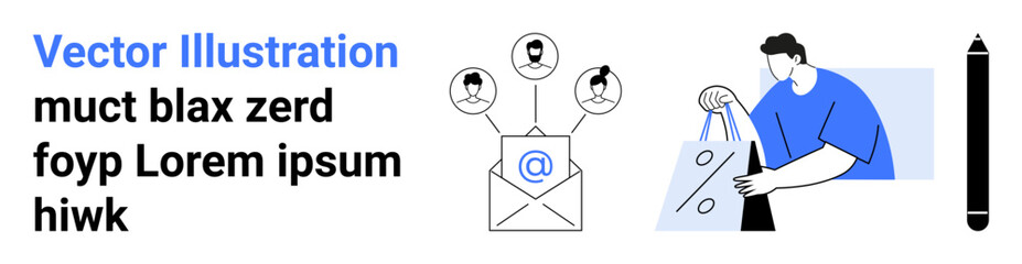 Man holding shopping bags, envelope with email symbol, and connected icons of people. Ideal for e-commerce, team collaboration, digital communication, customer engagement, online marketing, social