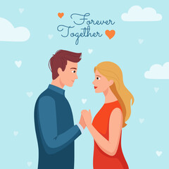 Couple in love. Young man and girl holding hands and smiling with happiness. Suitable for Valentine's Day, wedding, greeting card and others. Vector illustration