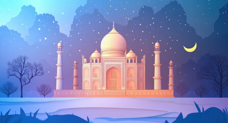Fototapeta premium stunning illustration of Taj Mahal at night, surrounded by serene landscape, with starry sky and crescent moon. scene evokes sense of tranquility and beauty