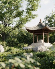 Serene chinese pagoda scene tranquil garden lush nature close-up view cultural heritage