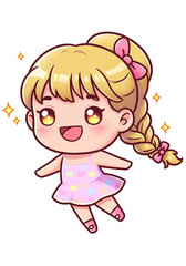 Adorable Blonde Hair Girl Cartoon Character in Pink Dress Happy Cute Kawaii Style Illustration