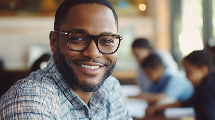 Obraz premium Smiling teacher wearing glasses in a classroom setting