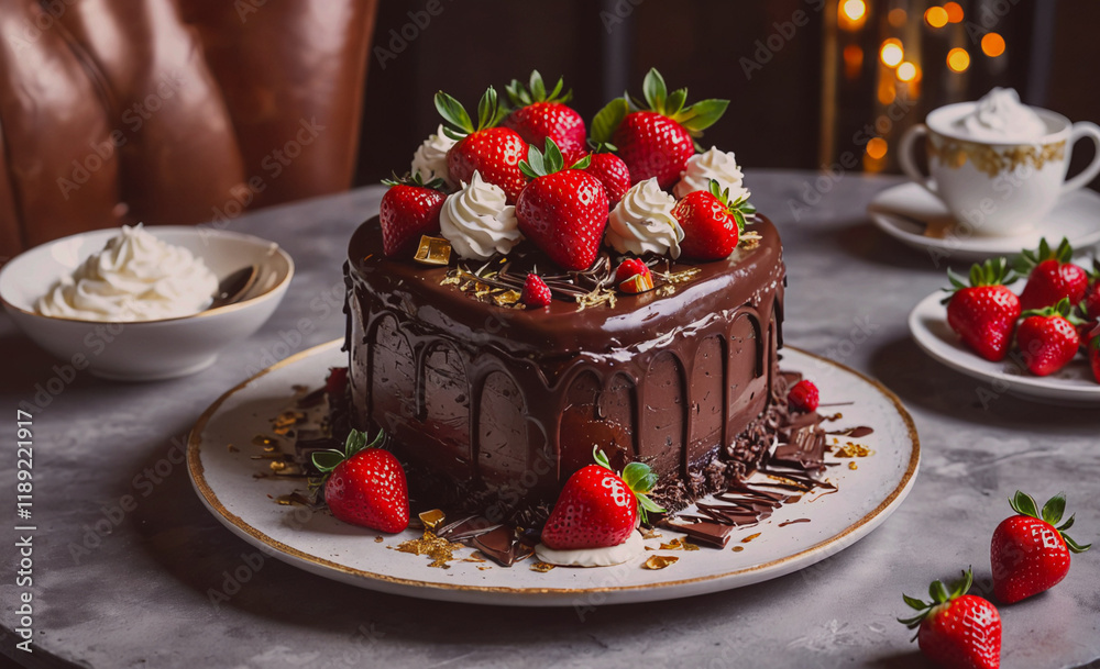 Poster chocolate cake with strawberries on top is sitting on a white plate. there are also strawberries on 