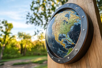 Obraz premium Globe on wooden post, park setting, sunset