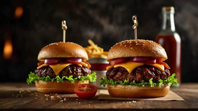 Two burgers, each stacked with a patty, lettuce, cheese, tomato, and red onion, sit next to a ramekin of fries, with a bottle of sauce in the background.