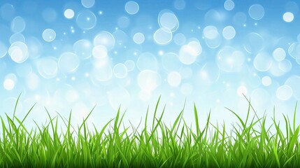 Fototapeta premium Fresh Green Grass Under a Soft Blue Sky with Bokeh Effect