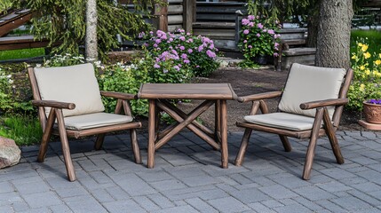 Rustic Wooden Patio Set with Beige Cushions Garden Furniture