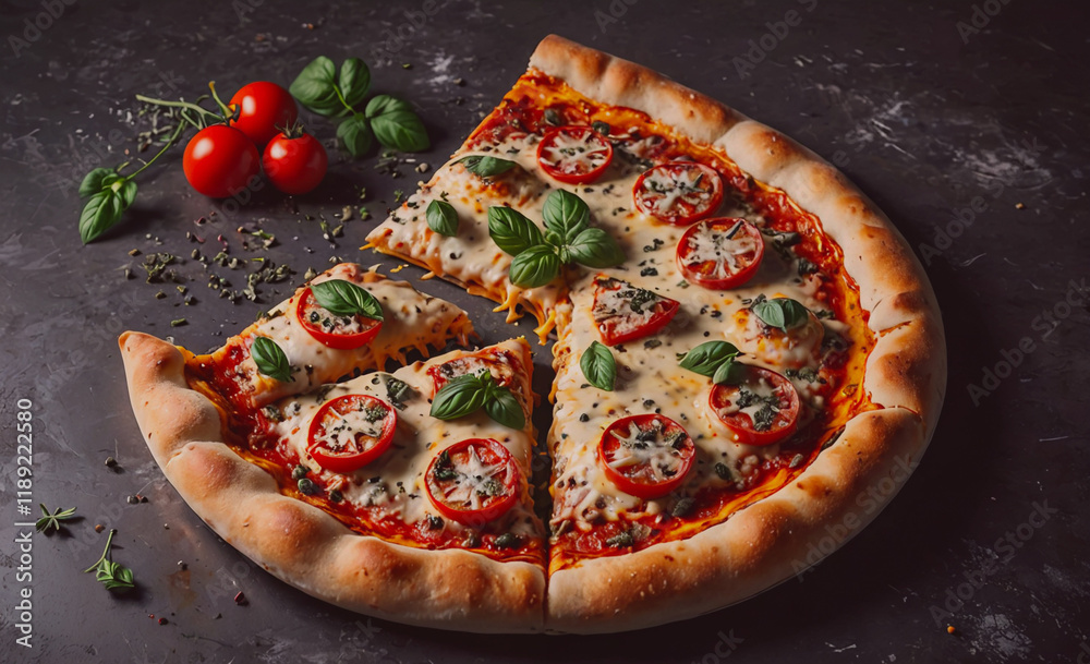 Poster Slice of pizza with cheese and tomatoes on top. The slice is missing. The pizza is on a table
