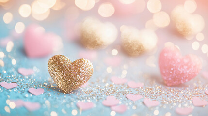 Fototapeta premium Glittery heart shaped confetti on radiant gold and pastel background