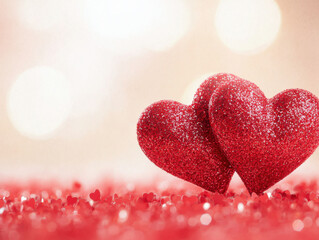 Obraz premium Two glittery red hearts on sparkling surface with soft bokeh background