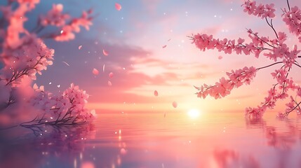 Serene Sunset with Cherry Blossoms Falling Gently on Calm Water