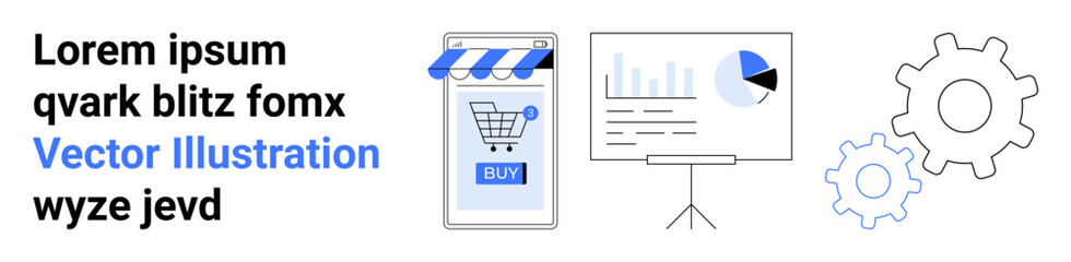 Mobile storefront with a Buy button, bar chart with pie chart, and two gears. Ideal for e-commerce, online shopping, data analysis, business strategy, marketing plans, website design, technology