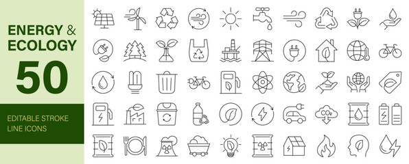 Energy and Ecology Line Editable Icons set. Vector illustration in modern thin line style of eco related icons: protection, planet care, recycling power, nature, environment, water, Solar panel © Dear Lala