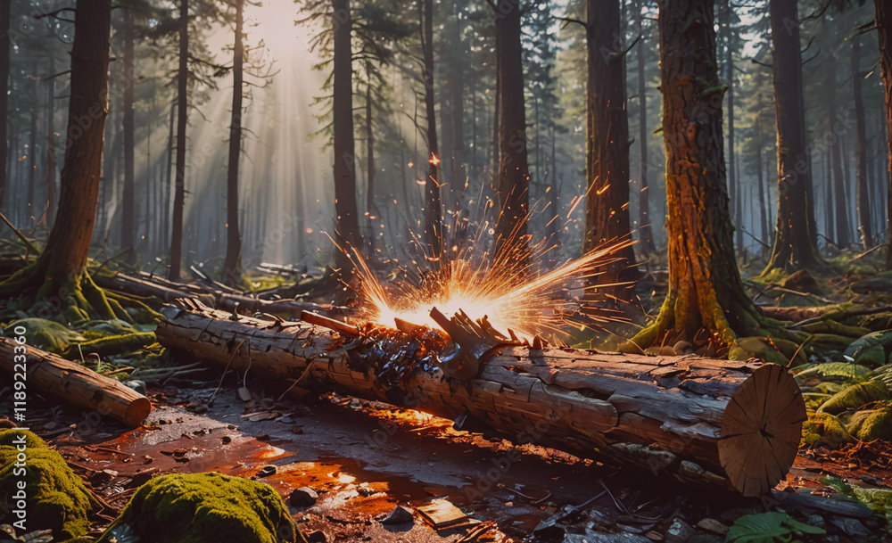 Poster Large log is on the ground in a forest. The log is surrounded by moss and has a fire burning on it