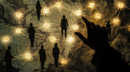 Creative network concept showing interconnected figures and mapping in a digital world